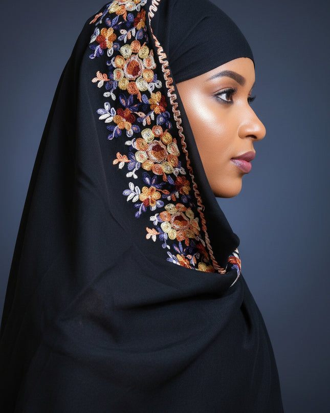 Foulard Amira aux fleurs - Noir