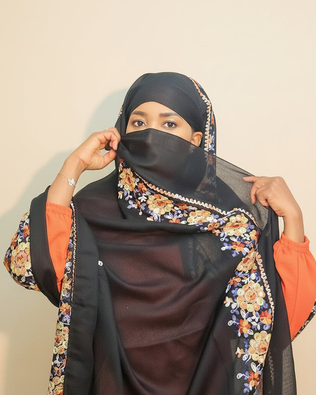 Foulard Amira aux fleurs - Noir