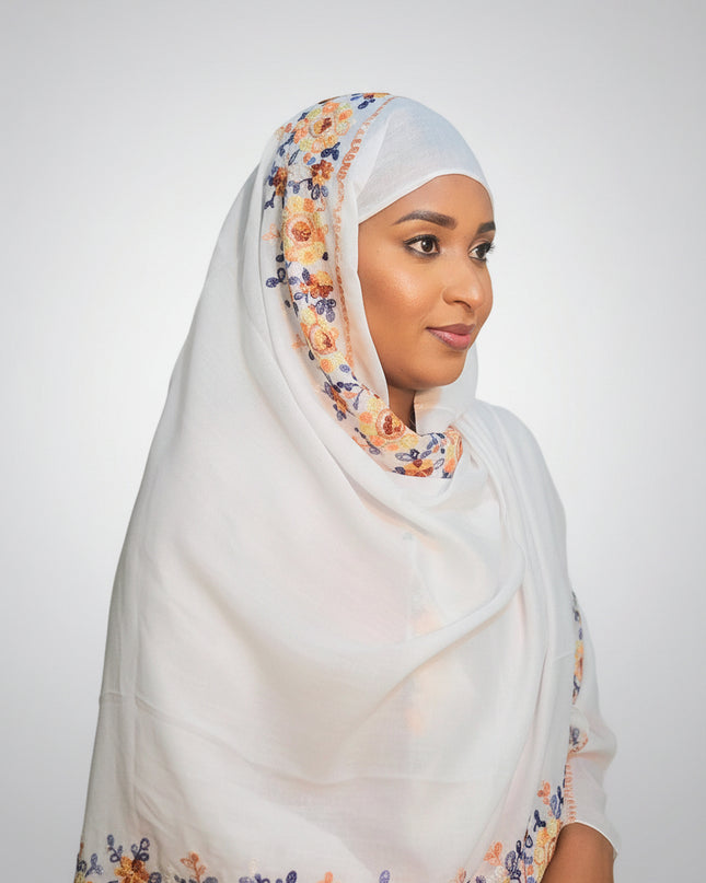 Foulard Amira aux fleurs - Blanc