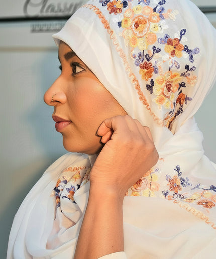 Foulard Amira aux fleurs - Blanc