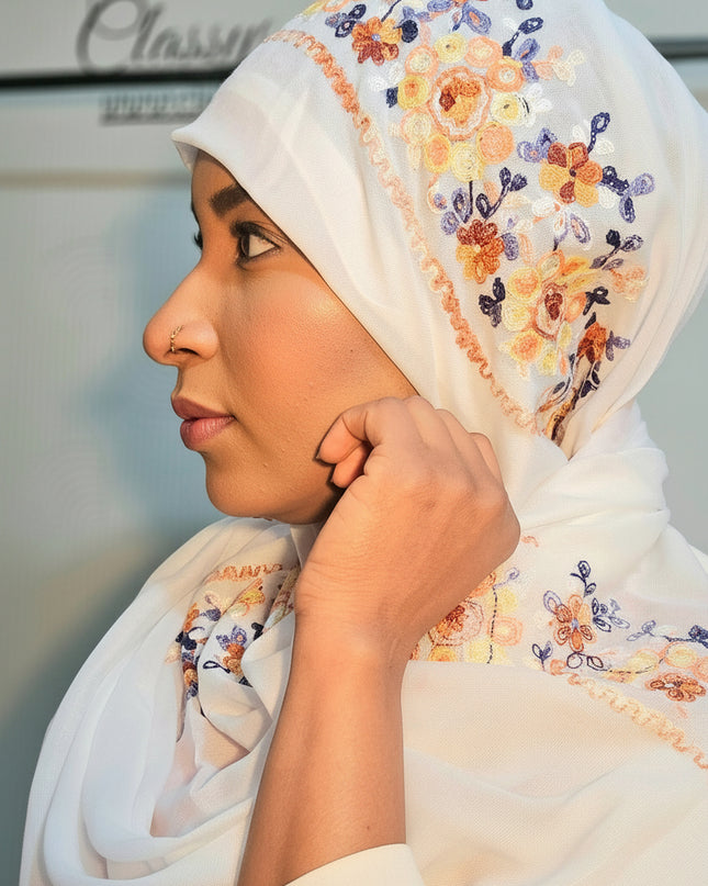 Foulard Amira aux fleurs - Blanc