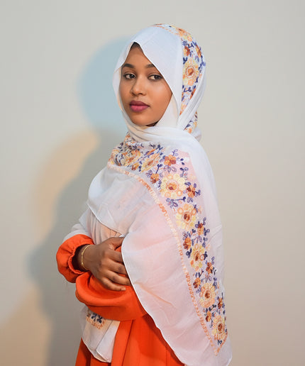 Foulard Amira aux fleurs - Blanc