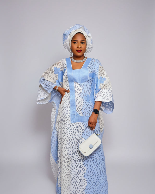 Boubou organza brodé - Bleu blanc