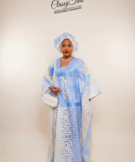 Boubou organza brodé - Bleu blanc