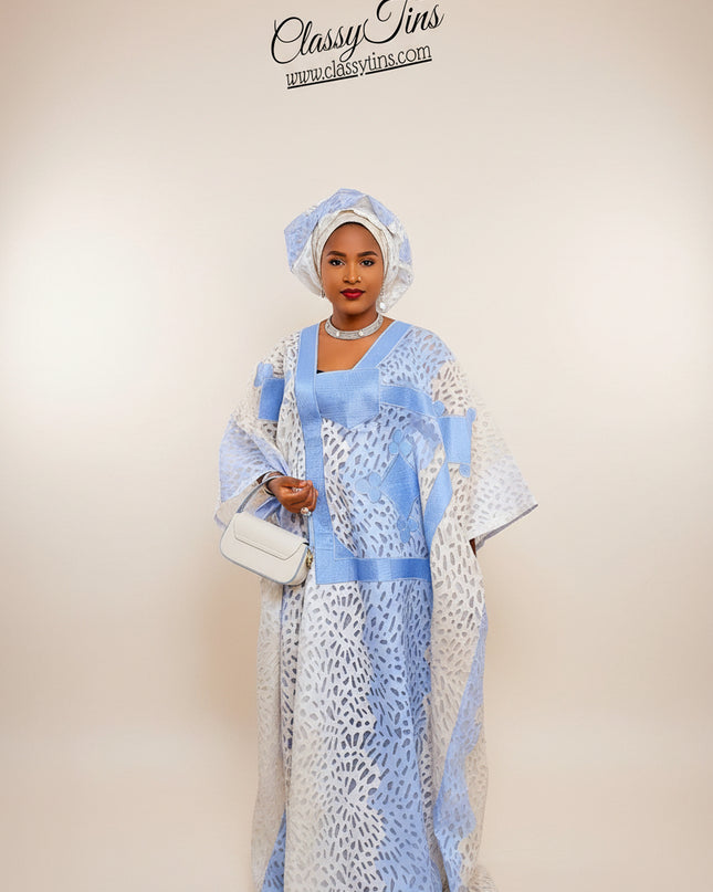 Boubou organza brodé - Bleu blanc