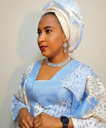 Boubou organza brodé - Bleu blanc