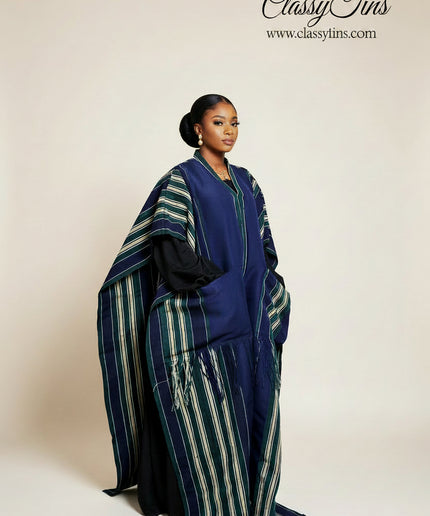 Kimono alakè en pagne tissé nigérian - Bleu nuit