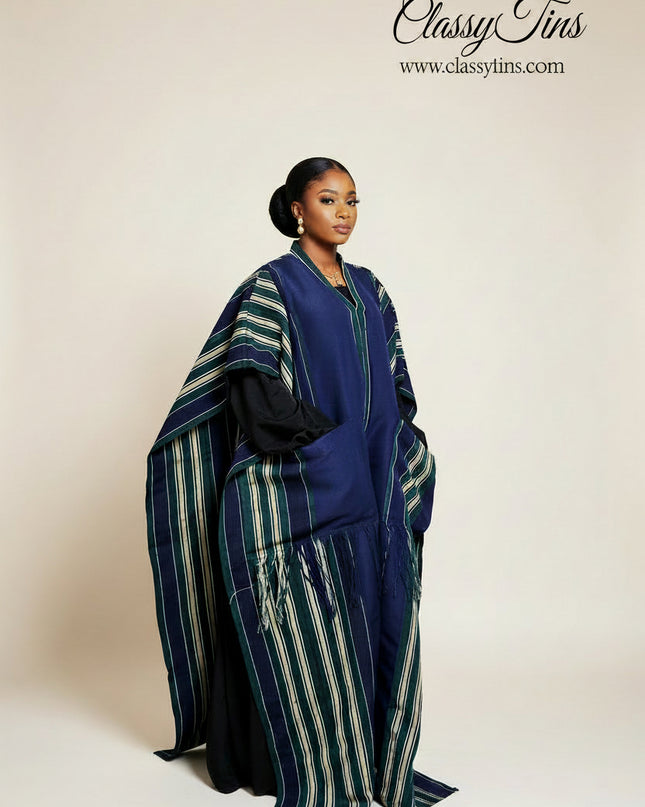 Kimono alakè en pagne tissé nigérian - Bleu nuit