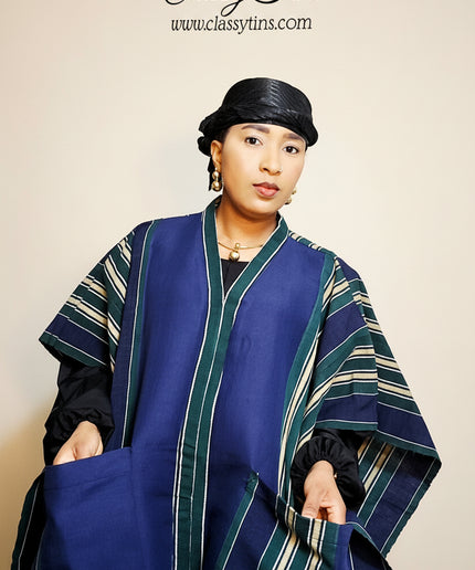 Kimono alakè en pagne tissé nigérian - Bleu nuit