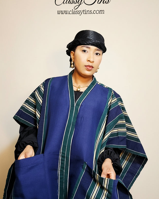 Kimono alakè en pagne tissé nigérian - Bleu nuit