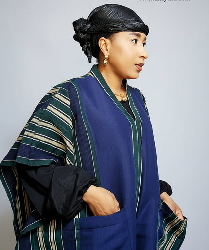 Kimono alakè en pagne tissé nigérian - Bleu nuit