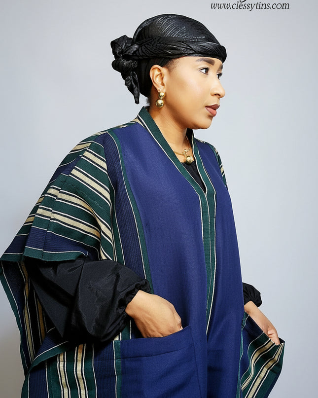 Kimono alakè en pagne tissé nigérian - Bleu nuit