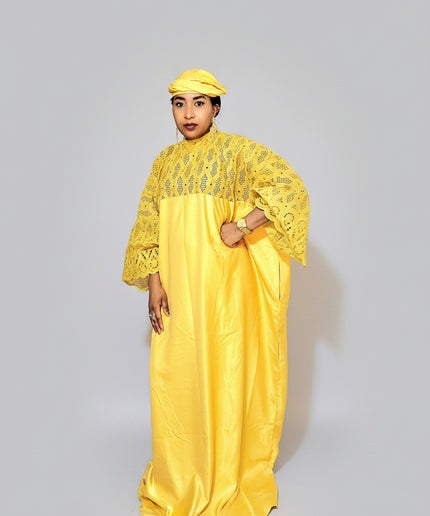 Boubou dentelle crêpe - Jaune moutarde