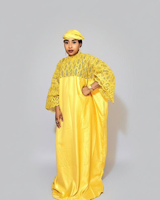 Boubou dentelle crêpe - Jaune moutarde