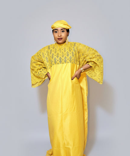 Boubou dentelle crêpe - Jaune moutarde