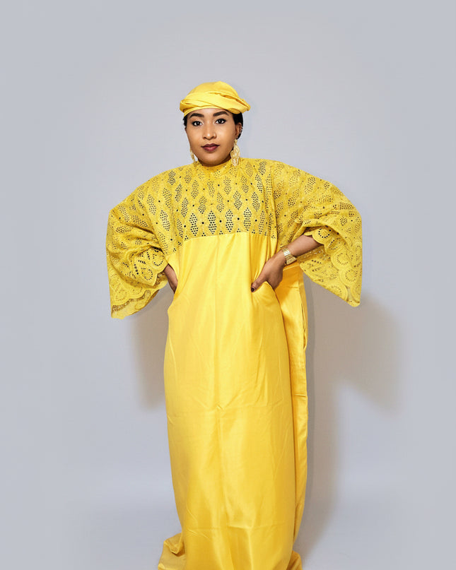 Boubou dentelle crêpe - Jaune moutarde