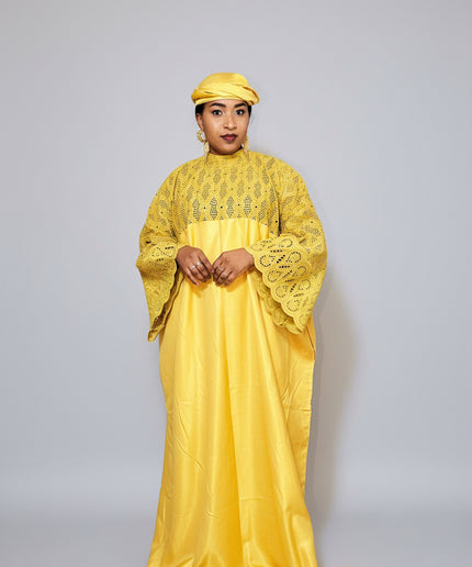 Boubou dentelle crêpe - Jaune moutarde