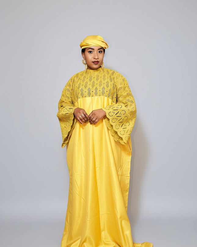 Boubou dentelle crêpe - Jaune moutarde