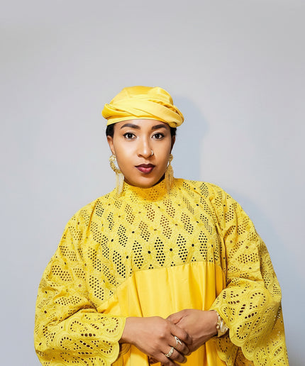 Boubou dentelle crêpe - Jaune moutarde