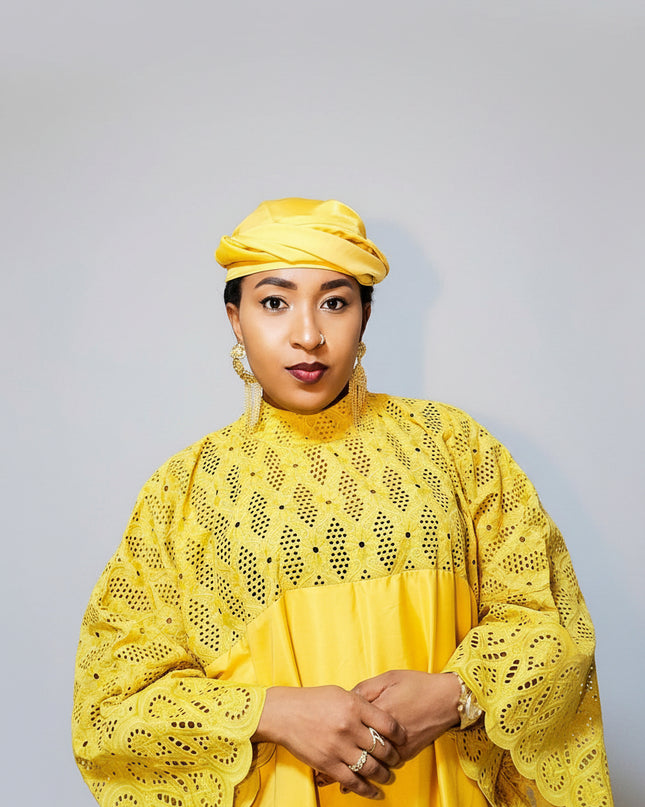 Boubou dentelle crêpe - Jaune moutarde
