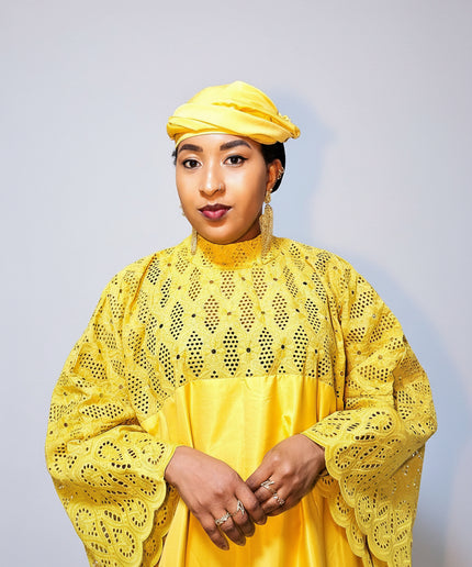 Boubou dentelle crêpe - Jaune moutarde