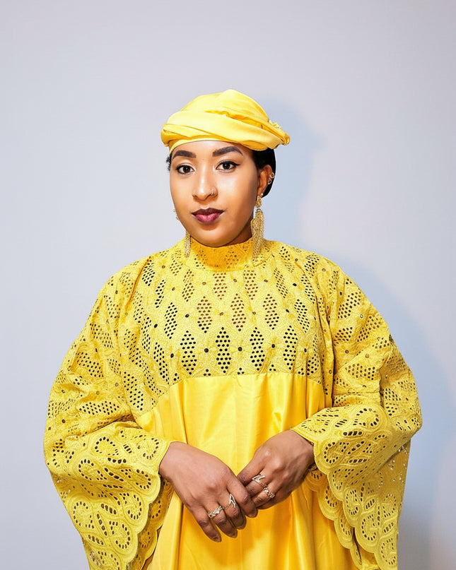 Boubou dentelle crêpe - Jaune moutarde