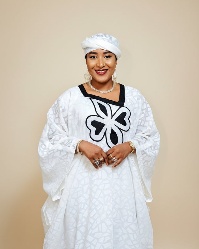 Boubou organza aramide brodé - Beige noir