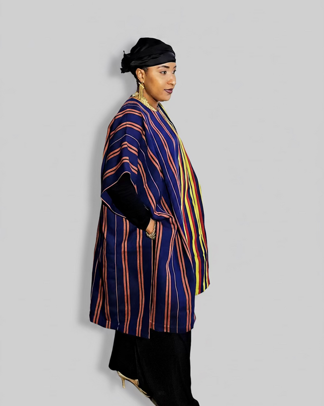 Midi kimono aso oke - Bleu rayé