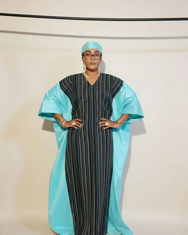 Boubou aso oké  tafetta - Bleu turquoise