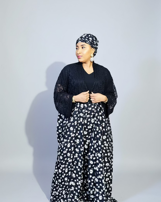 Ensemble crêpe dentelle - Noir fleuri