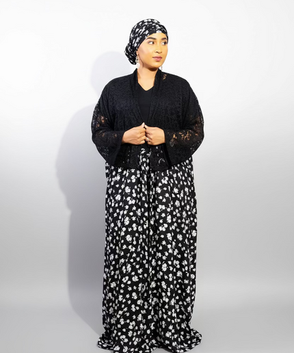 Ensemble crêpe dentelle - noir fleuri