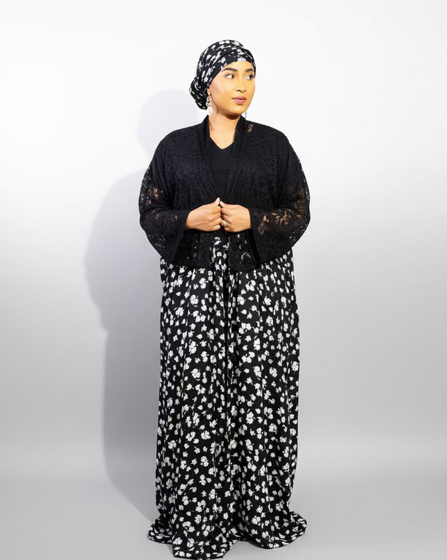 Ensemble crêpe dentelle - Noir fleuri