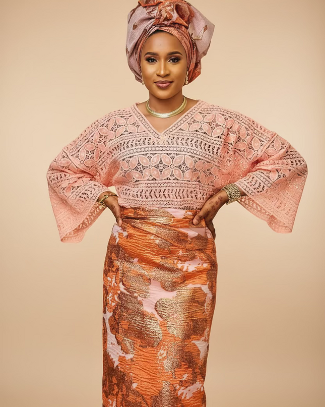 Ensemble anango brocart dentelle - Rose