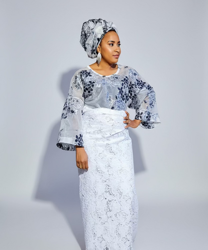 Ensemble anango dentelle brocart - Noir blanc