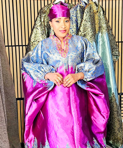 Boubou brocart bicolore - Broderie fuchsia
