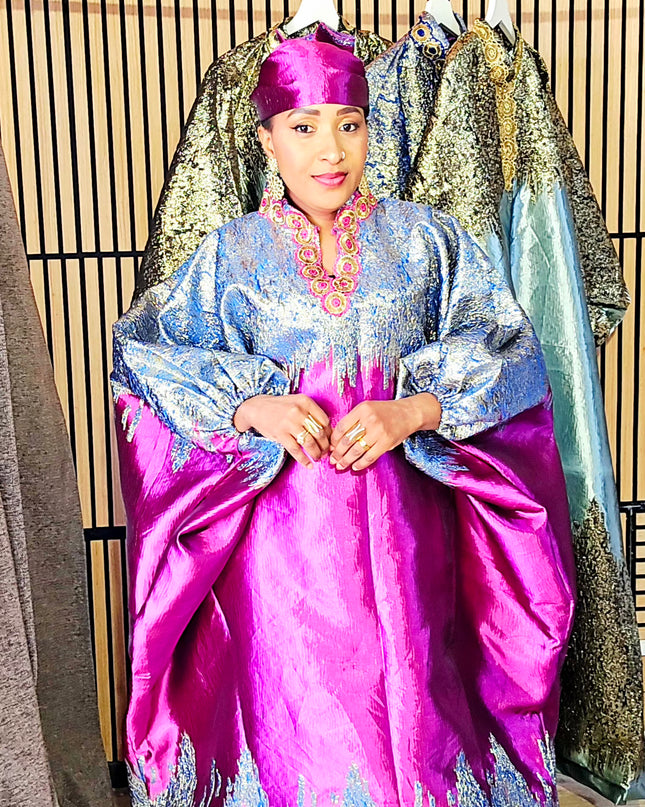 Boubou brocart bicolore - Broderie fuchsia