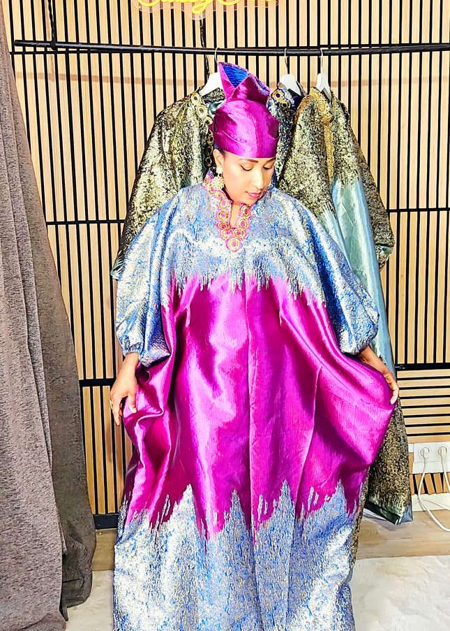 Boubou brocart gaufrée - Broderie fuschia