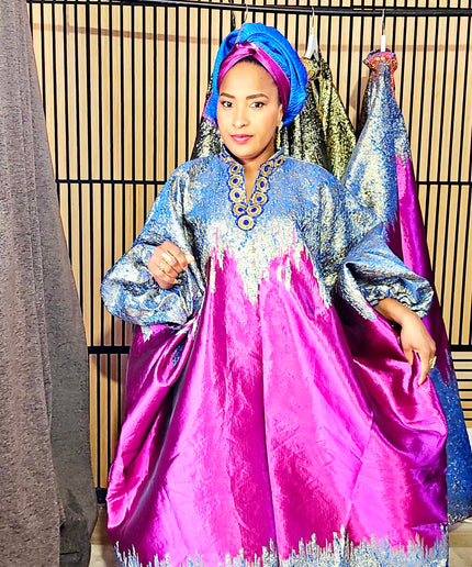 Boubou brocart bicolore - Broderie bleu