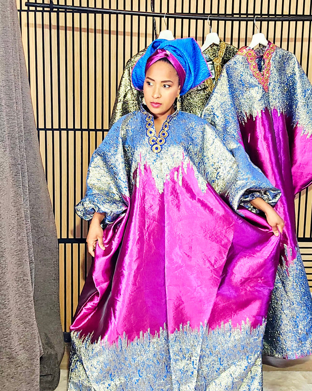 Boubou brocart bicolore - Broderie bleu
