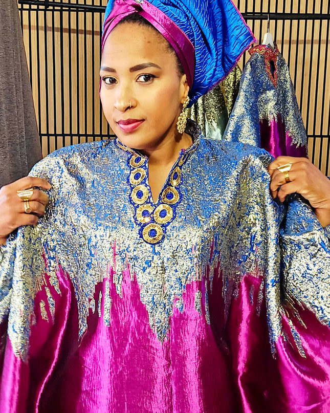 Boubou brocart bicolore - Broderie bleu