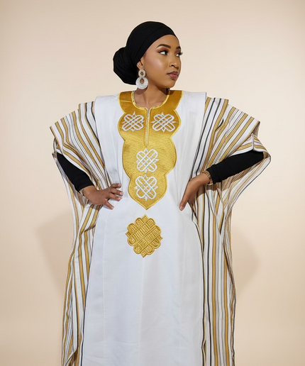 Boubou aso oke oloyé brodé - Blanc gold