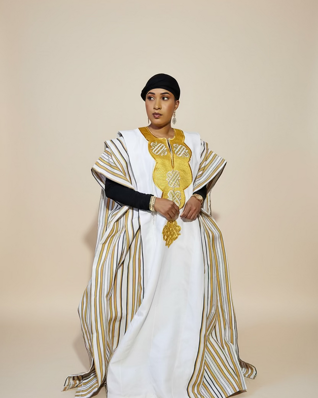 Boubou aso oke oloyé brodé - Blanc gold