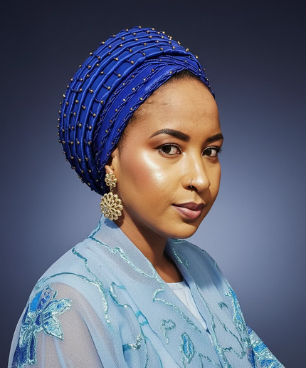 Turban perlé - Bleu roi