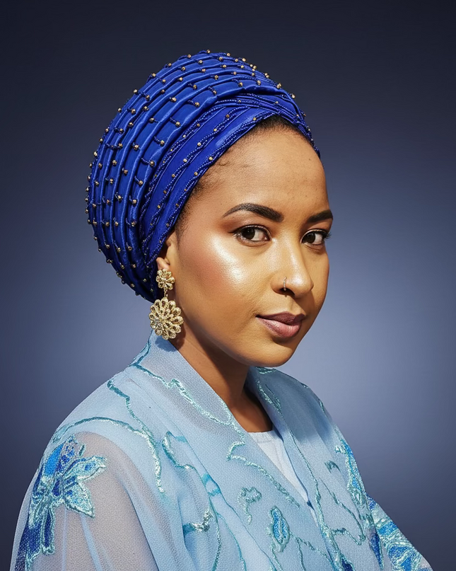 Turban perlé - Bleu roi