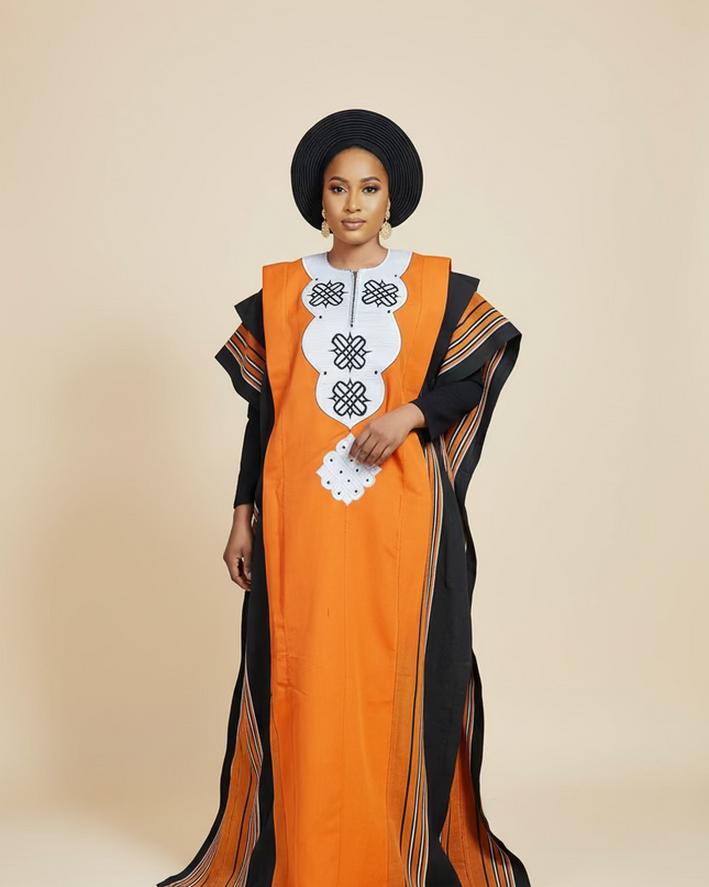 Boubou aso oke oloyé brodé - Orange blanc
