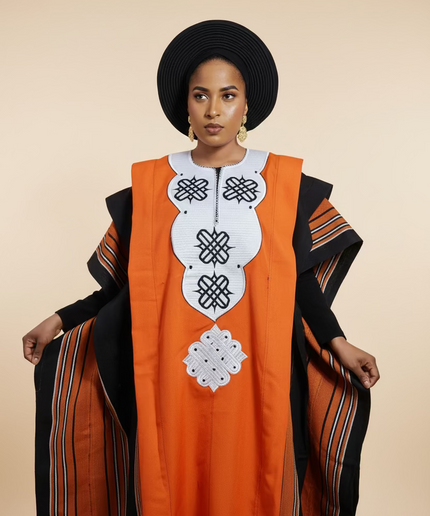 Boubou aso oke oloyé brodé - Orange blanc