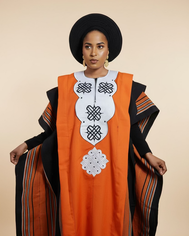 Boubou aso oke oloyé brodé - Orange blanc