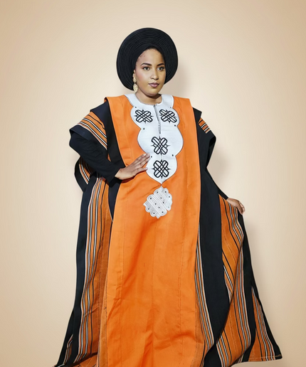 Boubou aso oke oloyé brodé - Orange blanc