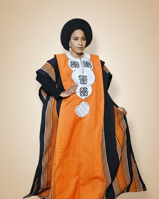 Boubou aso oke oloyé brodé - Orange blanc