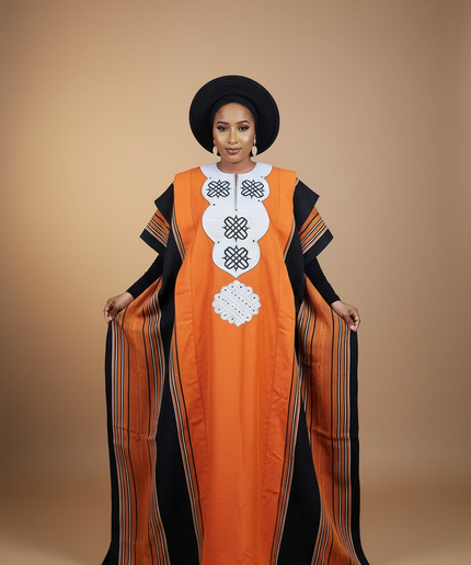 Boubou aso oke oloyé brodé - Orange blanc